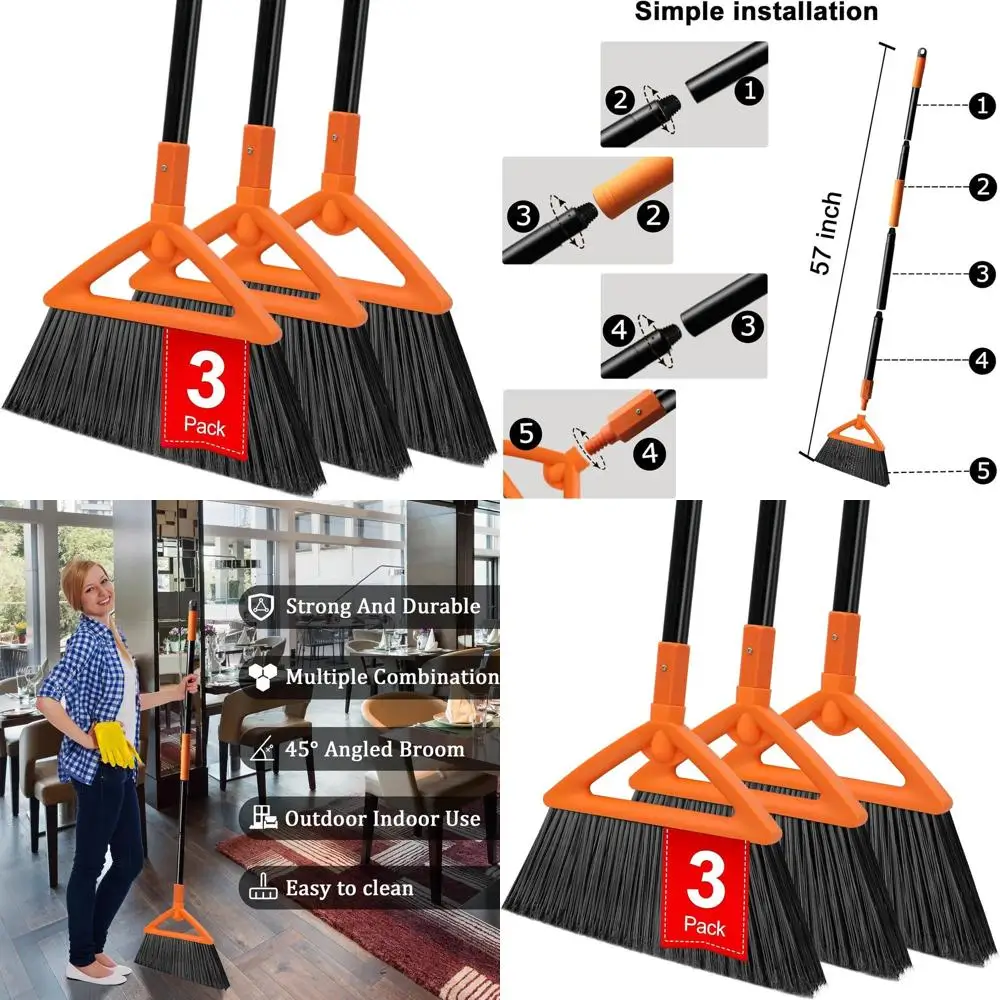 

Durable 3-Piece Broom Set for Indoor & Outdoor Use with Long Handle, Angled Broom for Sweeping Dust in Garages, Restaurants, and