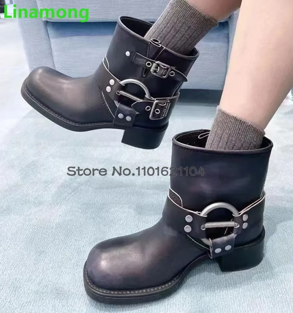 

Square Toe Metal Buckle Boots For Female Women 2024 New Luxury Design Chunky Heel Western Cowboy Short Boots Fashion Solid Shoes