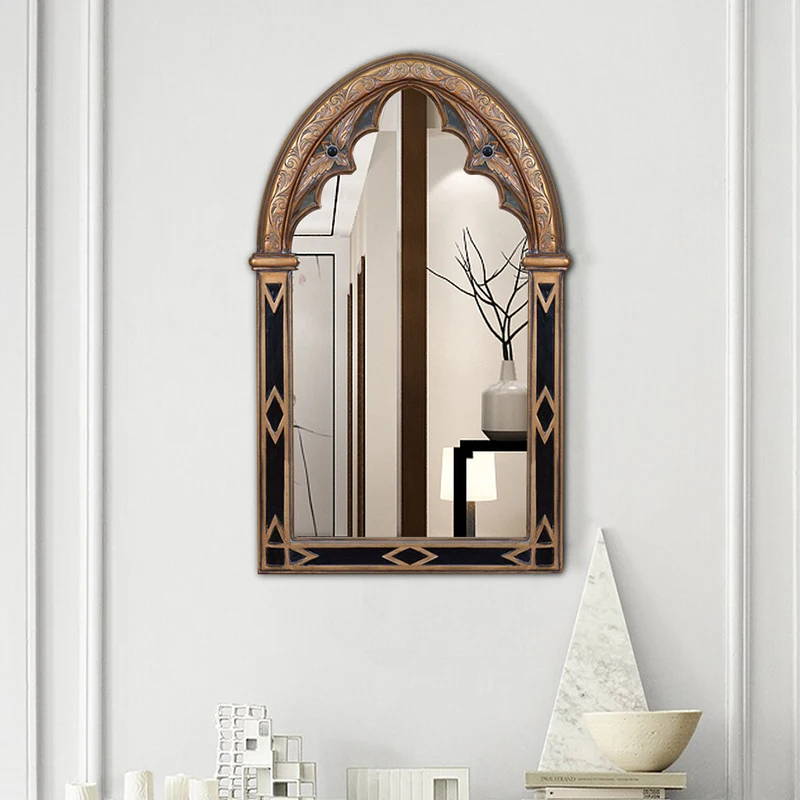 Black makeup decorative mirrors, fireplace, and bathroom are installed neatly