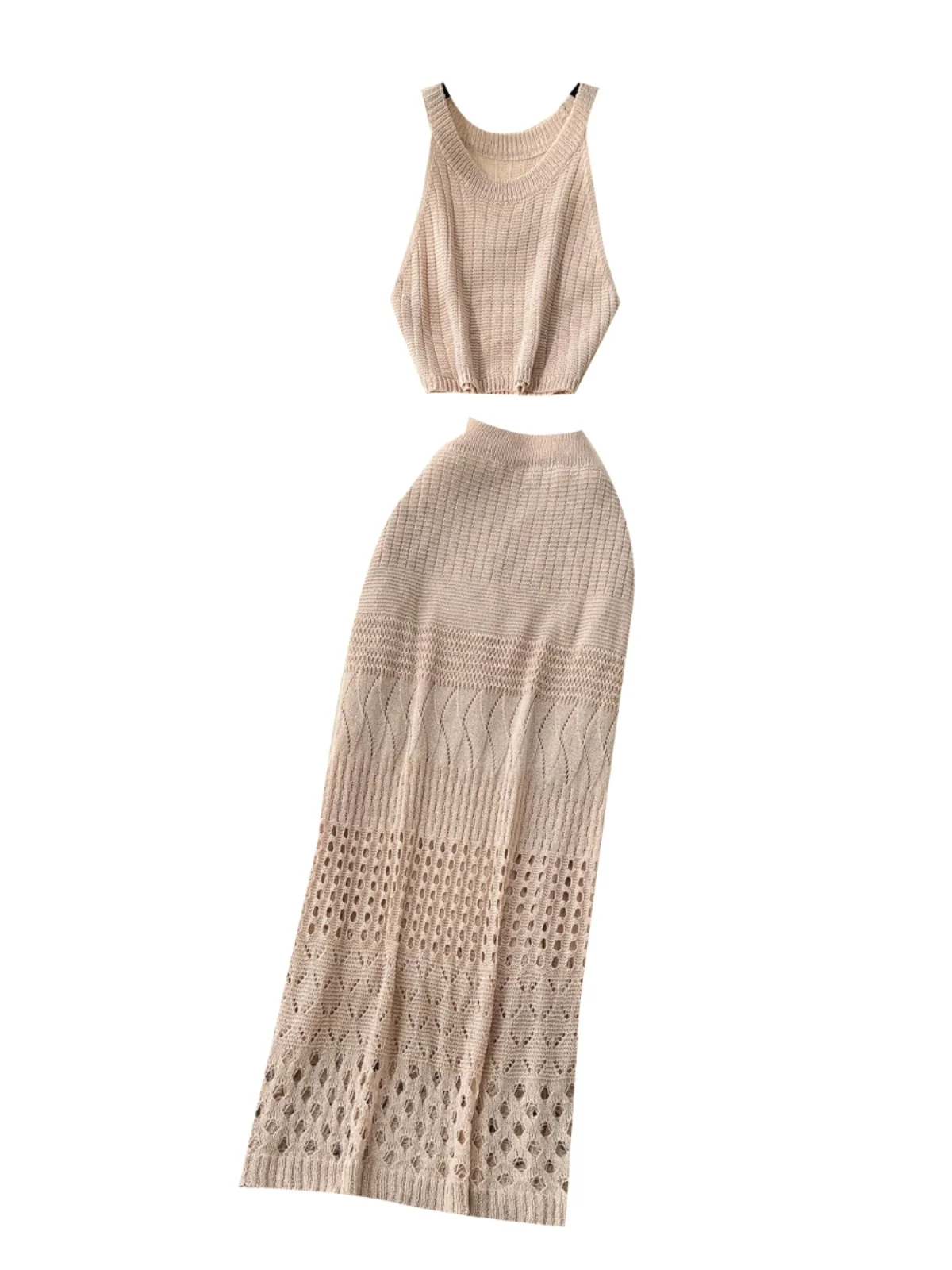 Conjunto de moda de primavera para mujer estilo coreano: ceco sin mangas de punto con cuello hueco y falda de cintura alta...