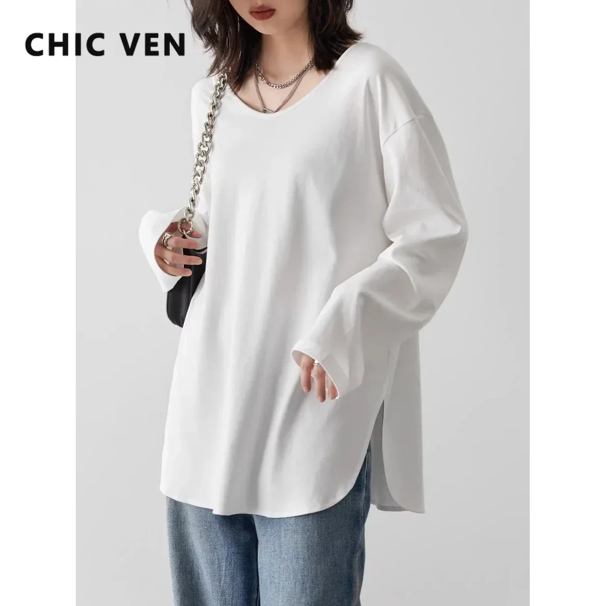 CHIC VEN Women T-Shirts Loose Casual U-Neck Long Sleeve Female Tees Split Bottom Woman Top Ladies Clothing Autumn Spring 2023