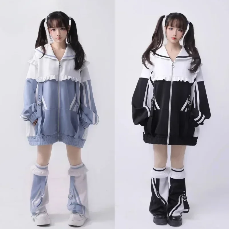 Japanese Rojita Style Mine Series Hooded Sets Water Color Sailor Collar Cute Sweet Sweatshirts Black White Leg Warmer Sudaderas