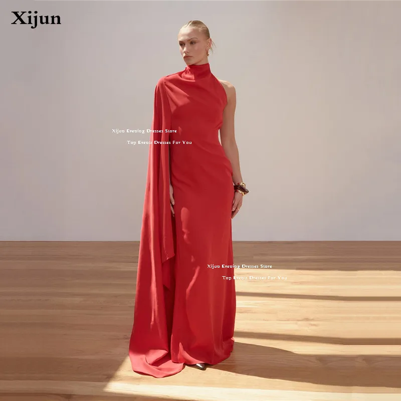 

Xijun Red Satin Mermaid Evening Dresses Cape Sleeves A-Line High Neck Prom Dresses Saudi Arabic Formal Prom Gowns Customized