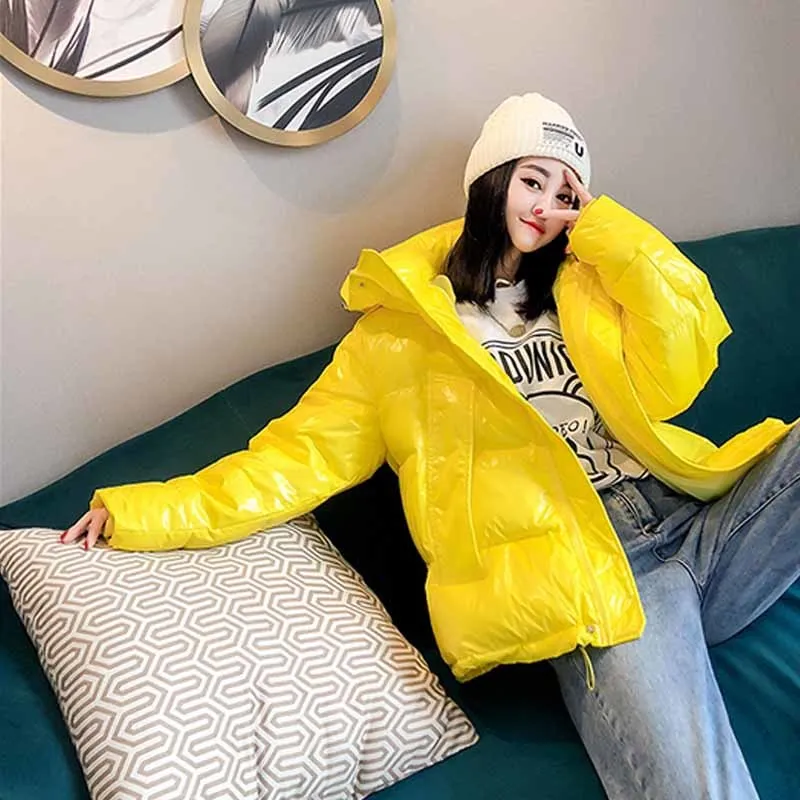 Candy Color Short Puffer Jacket Korean Hooded Shiny Down Jackets Orange Yellow Drawstring Long Sleeve Winter Parkas Female Coat