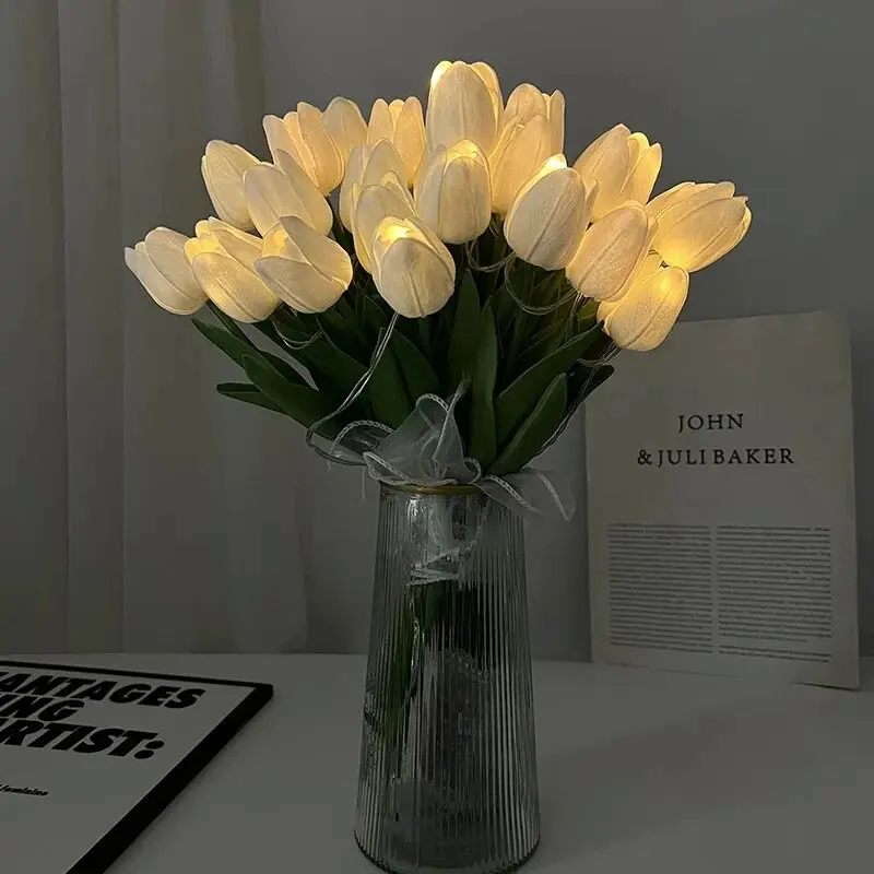 10pcs LED Tulips Artificial Flowers PU Tulip Fake Flower Bouquet Night Light for Home Garden Decoration Wedding Birthday Gift