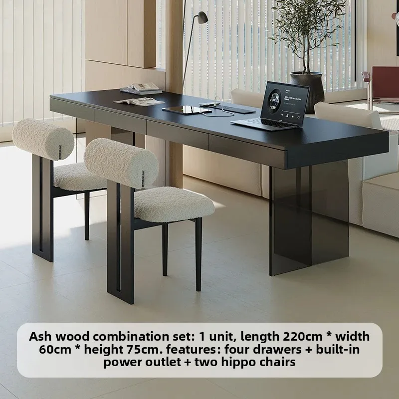 CJ-2 Solid Wood Desk Sofa Back Long Table with Drawer Black Ash Wood Acrylic Double Large Desk