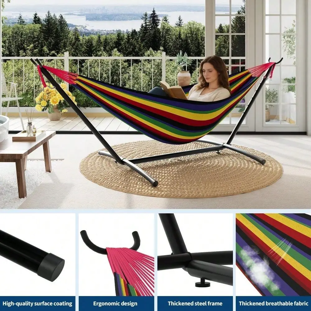 

Double Hammock With Steel Stand Outdoor Patio Garden Hammock, SpaceSaving Portable Design, 450lb Capacity, Includes Carry Bag A