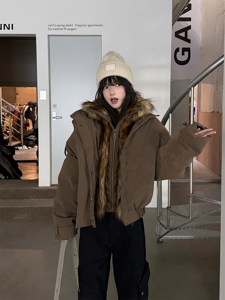 

Утепленная женская куртка URKR с имитацией мехового воротника, хлопковая подкладка, уникальный дизайн в американском ретро-стиле, короткое хлопковое пальто