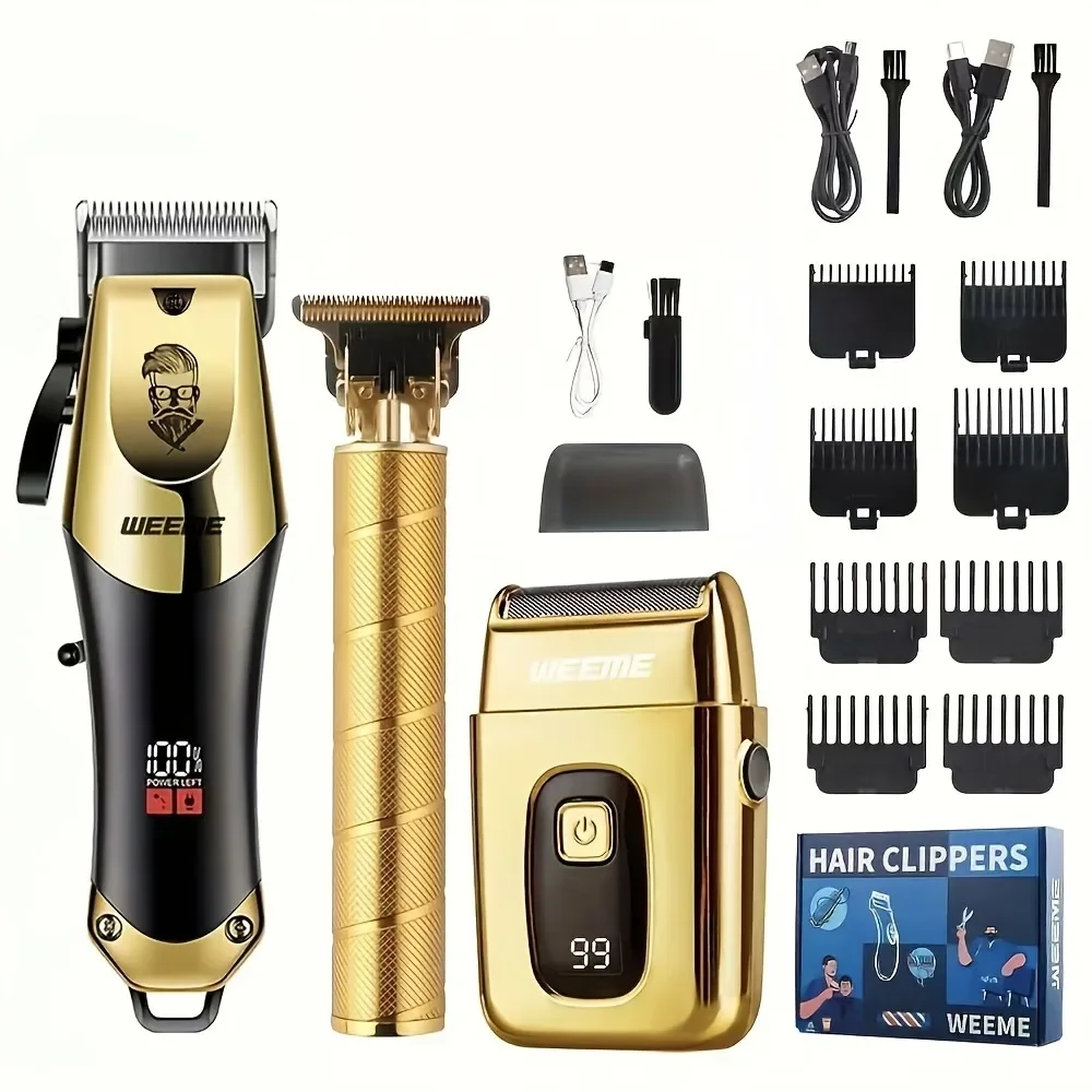 Men's Grooming Kit 3-Piece Set, Golden Balck Hair Clippers With LCD Display, USB Rechargeable, 8 Guide Combs, Trimmer And Shaver