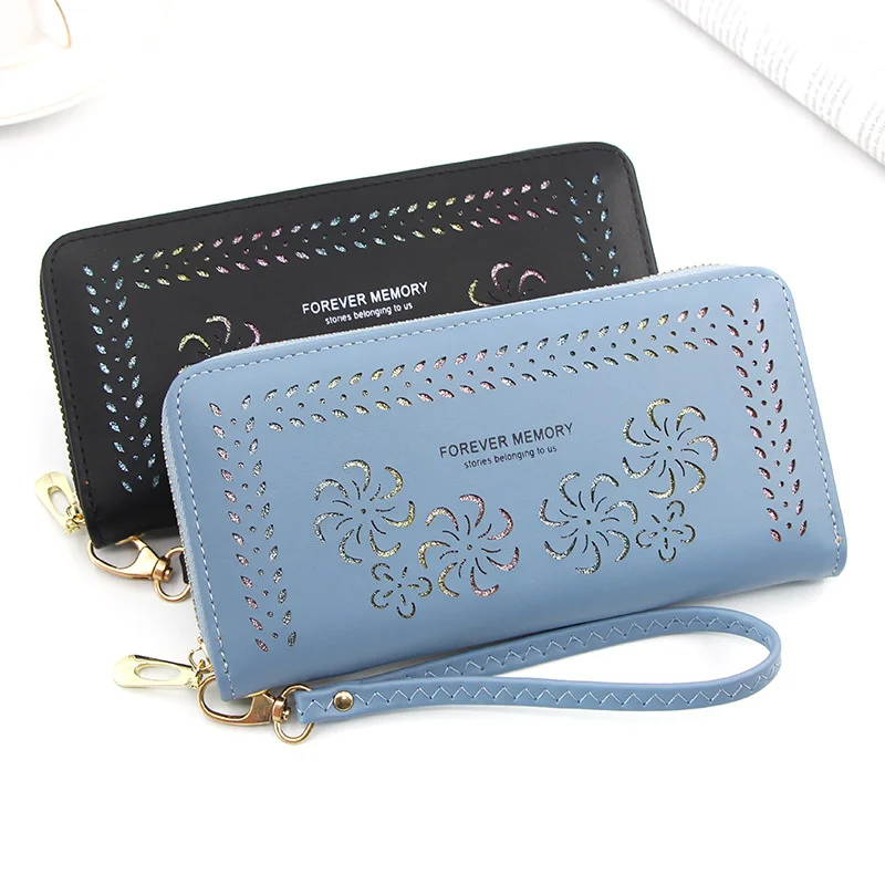 

New fashion women's purse holding bag long zipper mobile phone bag women's flower hollow Wallet