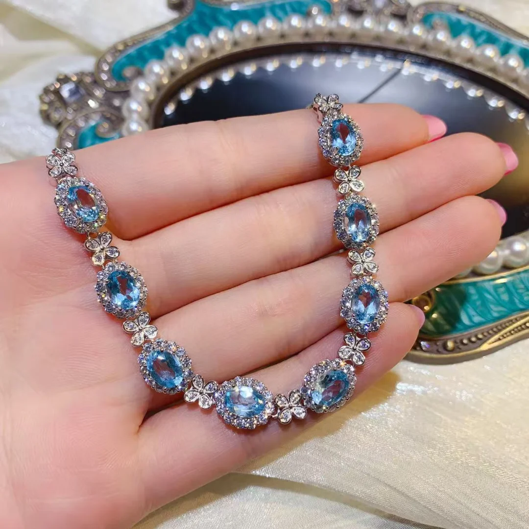 

Artistic Designer Series Natural Topaz Bracelet S925 Silver Close Inlay Rich Blue Tone Delicate Noble Ladies Fashion Jewelry