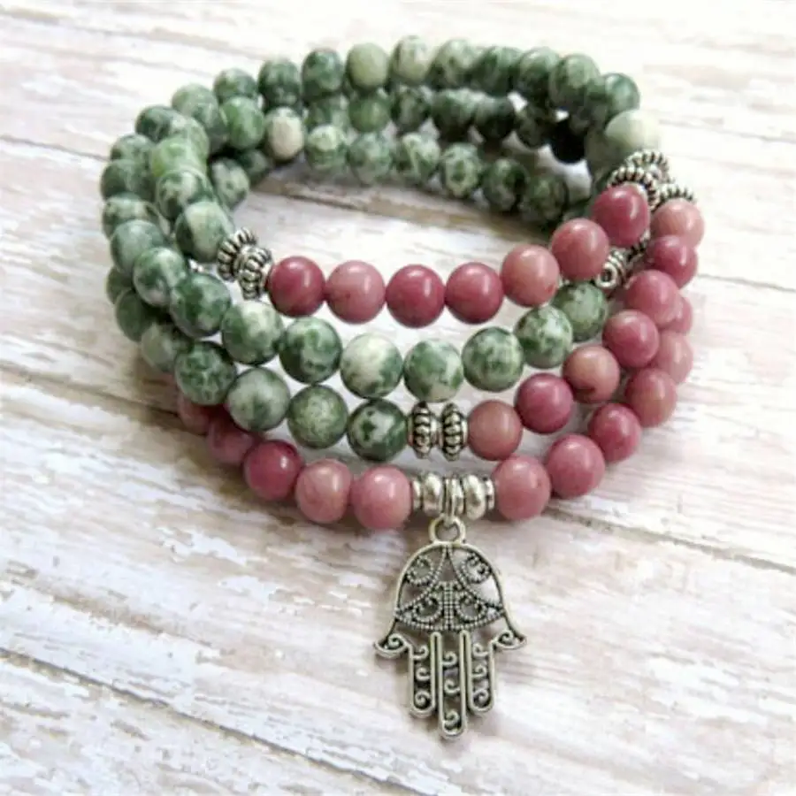 

6mm Rhodonite Flower green jade Mala Bracelet 108 Beads Gemstone Meditation tassel Bead Natural stone Mala Tibetan Zen Women