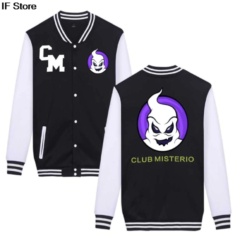 2025 CLUB MISTERIO Chaqueta de béisbol para hombre y mujer, edición popular de podcast en español, ropa informal estilo hip hop, chaquetas de primavera a la moda para hombre
