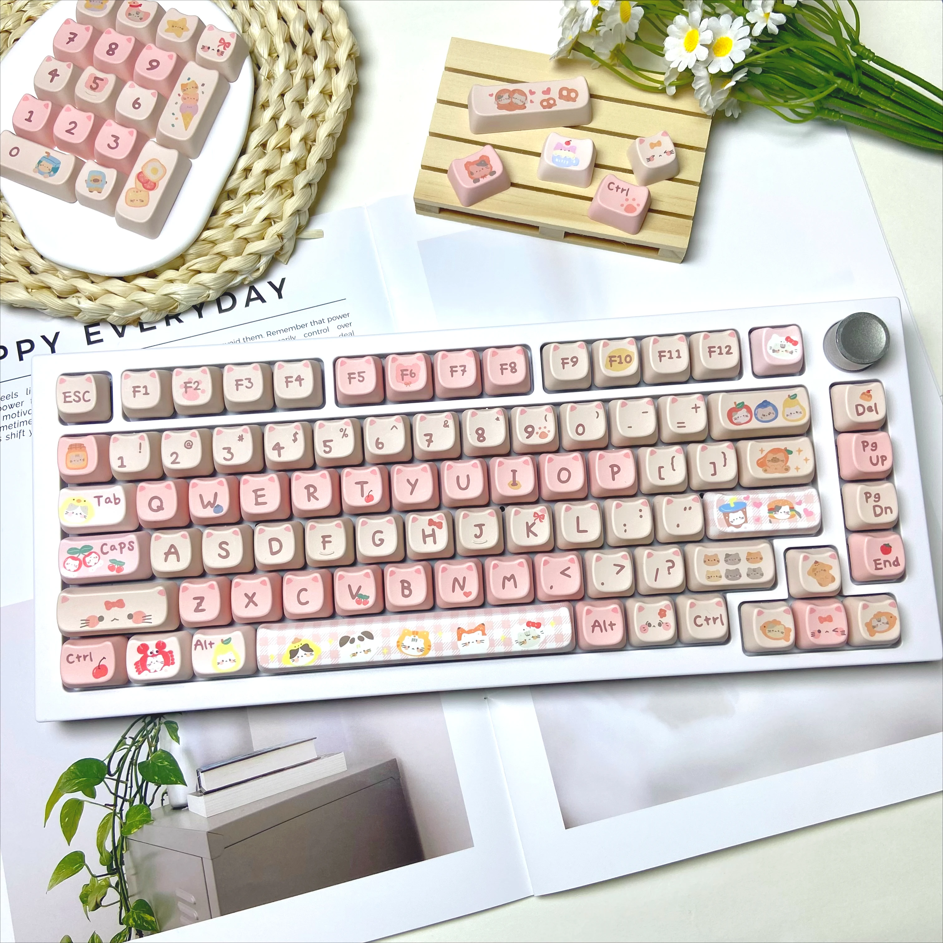 Cute Pink Cat Paradise Them KeyCaps MAO Profile Keycaps Custom for Mechanical Keyboard Key Caps for Girls Keyboard DIY Decor