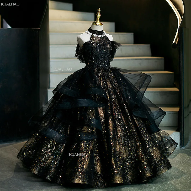 

Детское черное платье для дня рождения для девочек, детское пышное фатиновое платье принцессы для показа мод, пышное платье для выступления на фортепиано