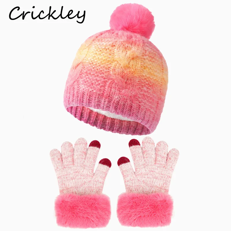 2Pcs Winter Gradient Color Children Hats Gloves Set Plush Warm Faux Fur Boys Girls Cap Knitted Soft Kids Hats Mittens
