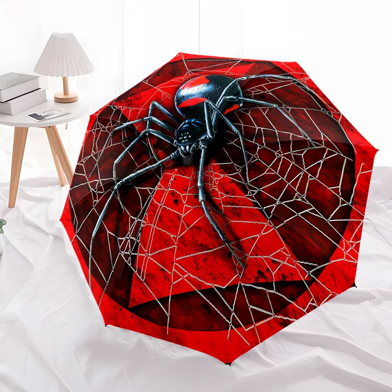 Spider Theme Design Folding Umbrella - Fashionable Auto-Open Design 8 Iron Ribs Plastic Handle Foldable Sunshade，Perfect Gifts