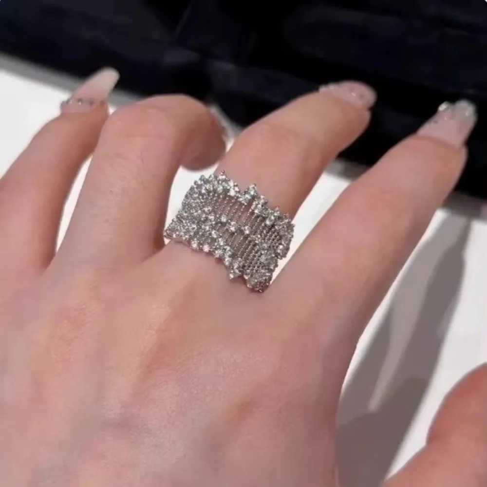 Adjustable Openwork Rhinestone Ring Openwork Setting Rhinestone Stacking Fashion Ring Palace Style Silver Tone Finger Jewelry