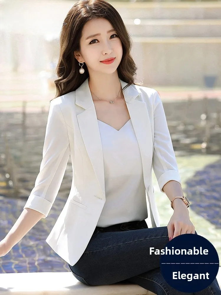 White Casual Thin Summer Suit Jacket for Women Short Seven Sleeve Commute Style Polyester Fabric Button Detail Office Wear