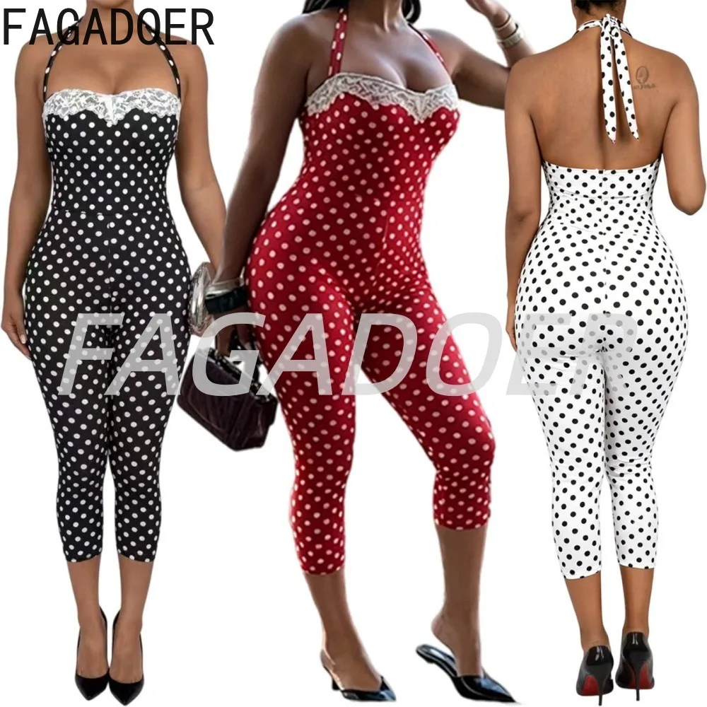 FAGADOER Retro Polka Dot Lace Patchwork Rompers Hot Sweet Lace-up Bandage Halter Bodycon Jumpsuits Streetwear Club Playsuits New