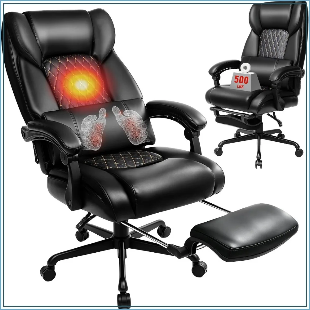 3D Kneading Massage Office Chair with Heat, 500 lbs Big Tall Executive Recliner, Footrest, Black