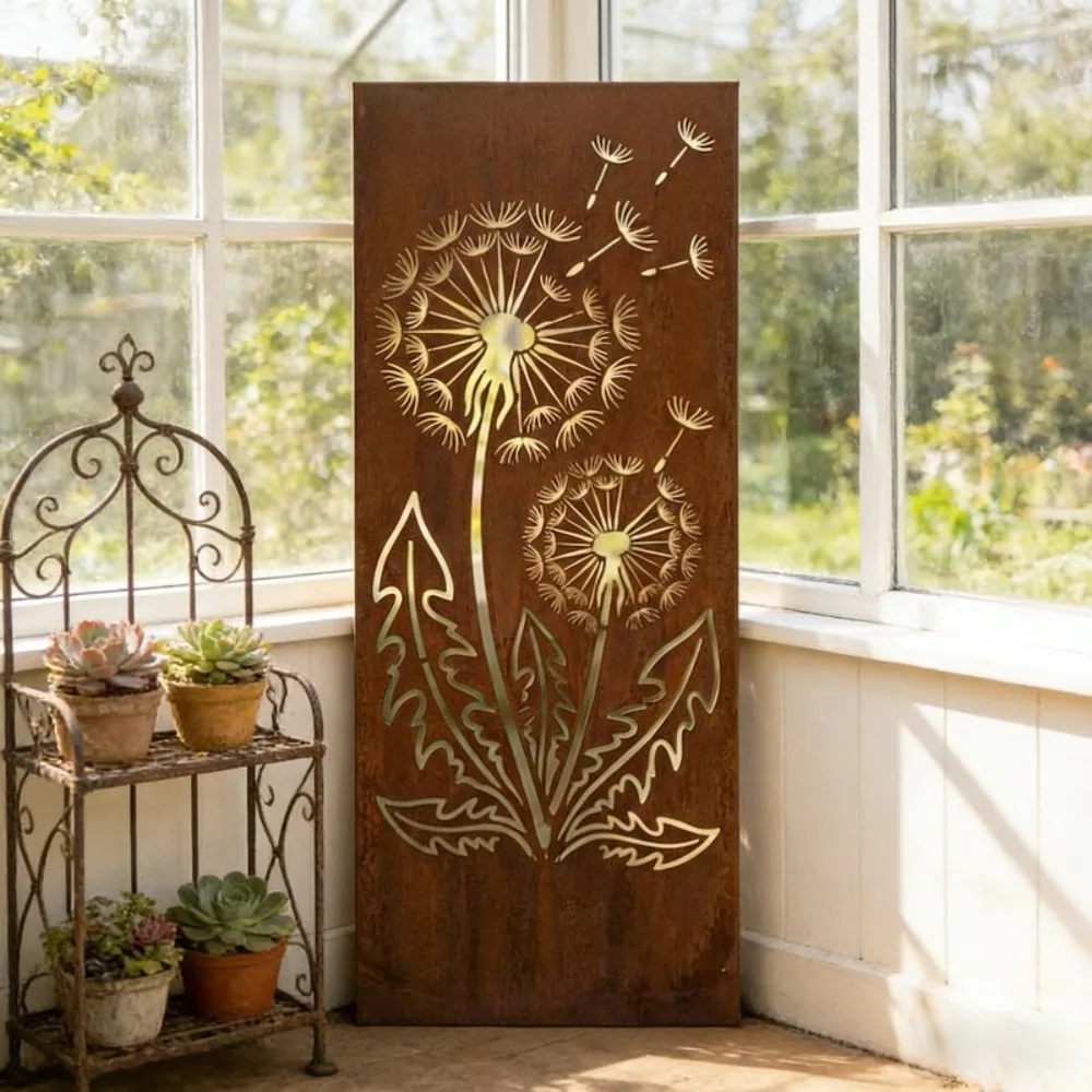 Metal Naturally Rusting Dandelion Flower Metal Garden Screen Modern Decoration Courtyard Privacy Board Metal Sculpture Outside