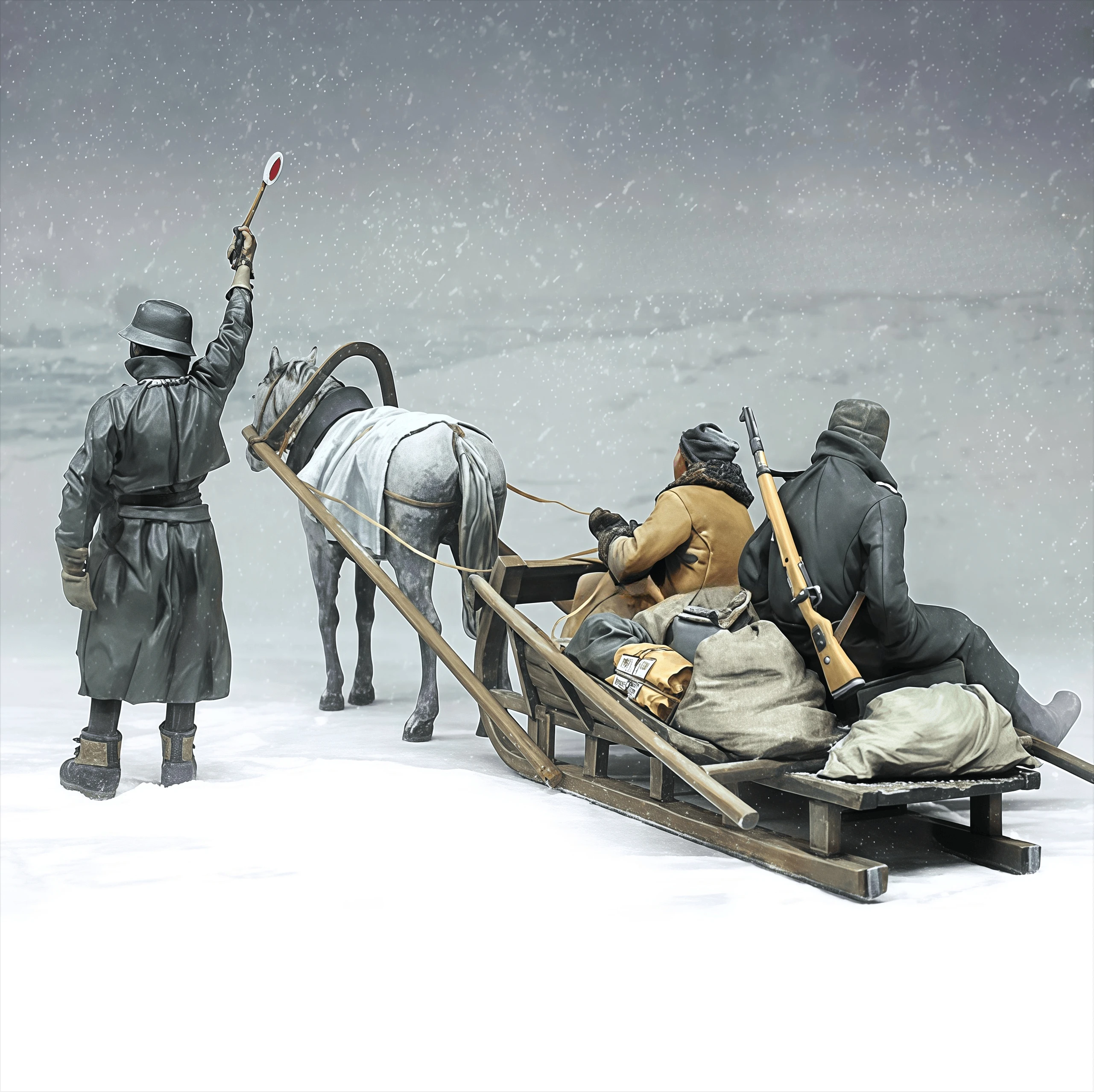 1/35 harsfiguur ongeverfd modelpakket, winter (3 personen, paard en slee), ongemonteerd en ongeverfd GK