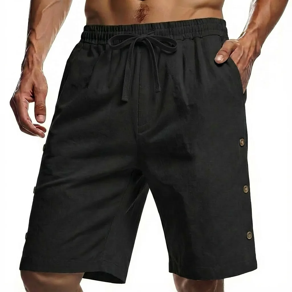 Plus Size Mens Vintage Stand Pocket Cotton Linen Shorts Male Casual Beach Short Pants Solid White Khaki Elastic Waist Shorts New