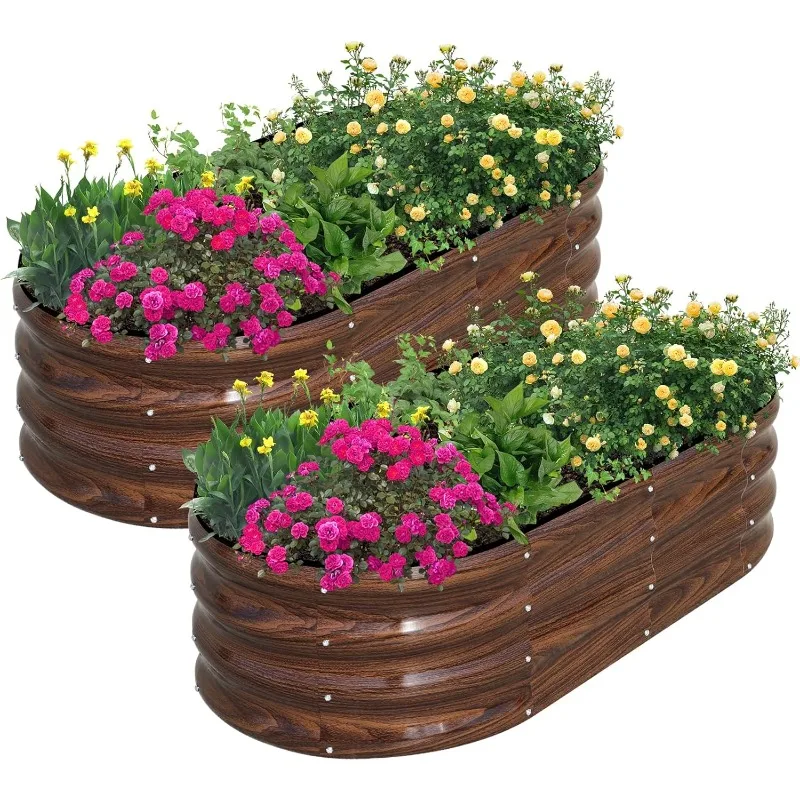 Galvanized Raised Garden Bed Outdoor, 2 Pcs 4x2x1ft Oval Metal Planter Box for Planting Plants Vegetables, Brown