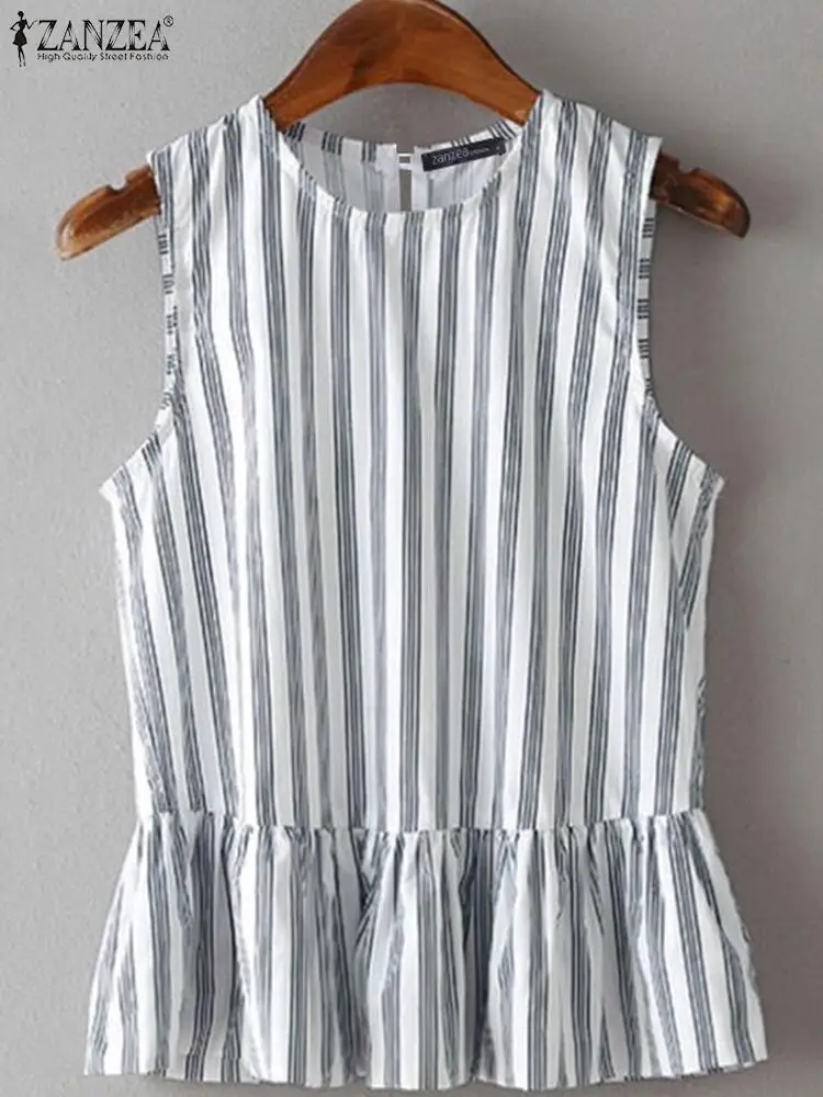 ZANZEA Women Sleeveless Striped Tank Tops Summer Pleated Ruffle Tanks Blouse 2024 Casual O-neck Camis 2024 Korean Fashion Vest