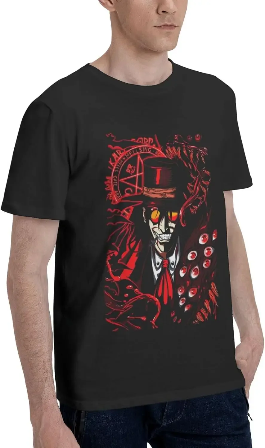 Anime Hellsing Alucard Shirt Crew Neck Novelty Short Sleeve Summer Cotton Male's Tee Black