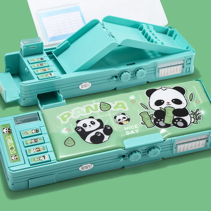 Caja de papelería con bloqueo de contraseña Panda, estuche de lápices de órgano multifunción de doble capa de alto valor para estudiantes escolares
