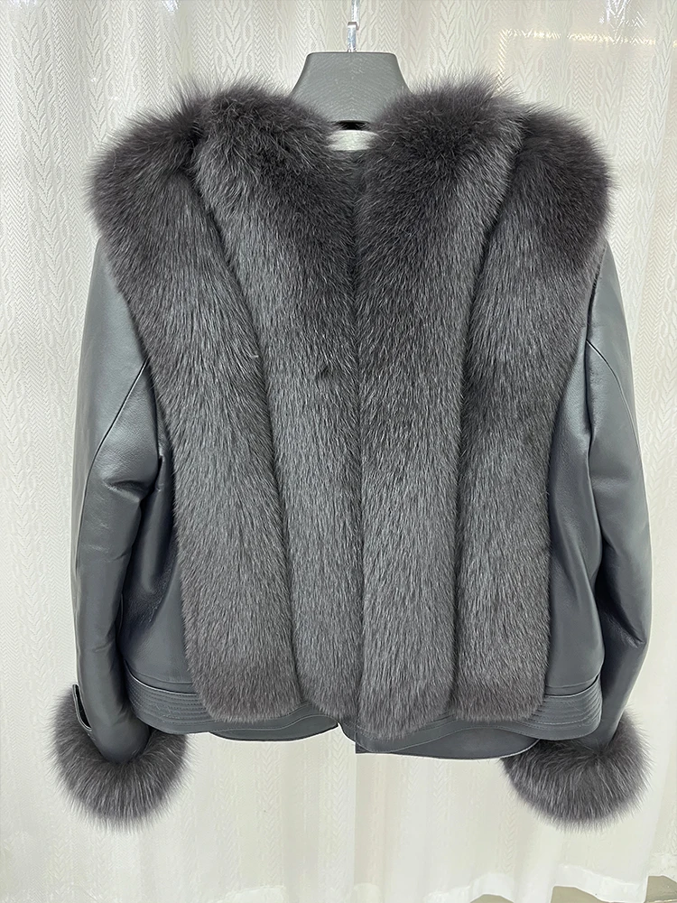 2024 New Fashion Natural Real Fox Fur Coat Women\'s Goose Down Jacket Genuine Sheepskin Leather Jacket Warm Luxury Female Coats