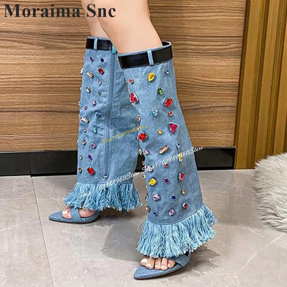 Knee High Turned Over Blue Denim Crystal Sandal Boots Thin High Heel Women Shoes Side Zipper Open Toe 2024 Zapatos Para Mujere