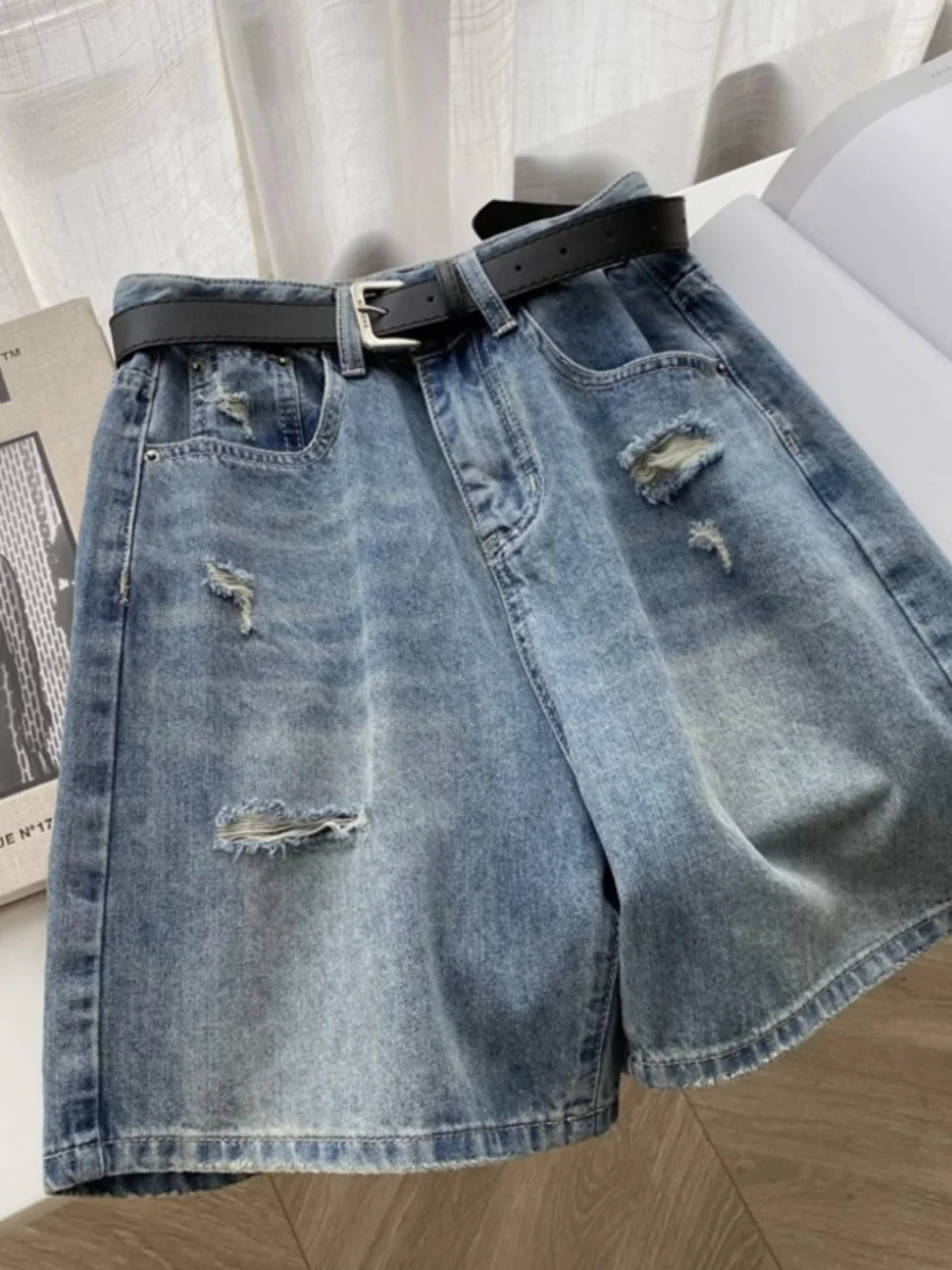 

Ripped Denim orts Women's Summer New Large Size Loose Slim Wide Leg Pants Five-Quarter Middle Pants Pear Body ape Pants