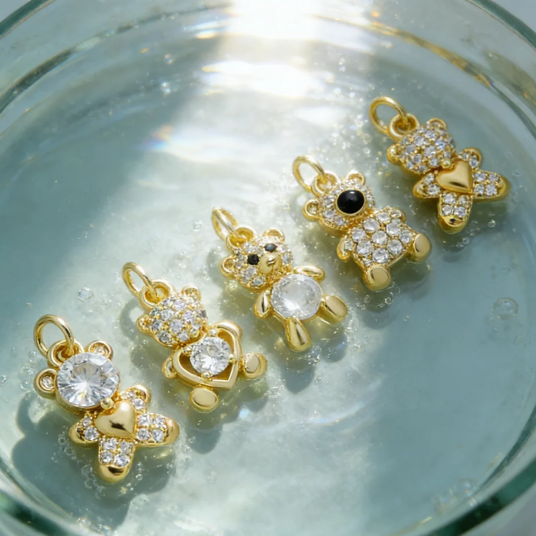 3Pcs Pendants Sparkling Cute Bear Charms Gold Plated Cubic Zircon for Men Women DIY Jewelry Necklace Bracelet Making Accessories