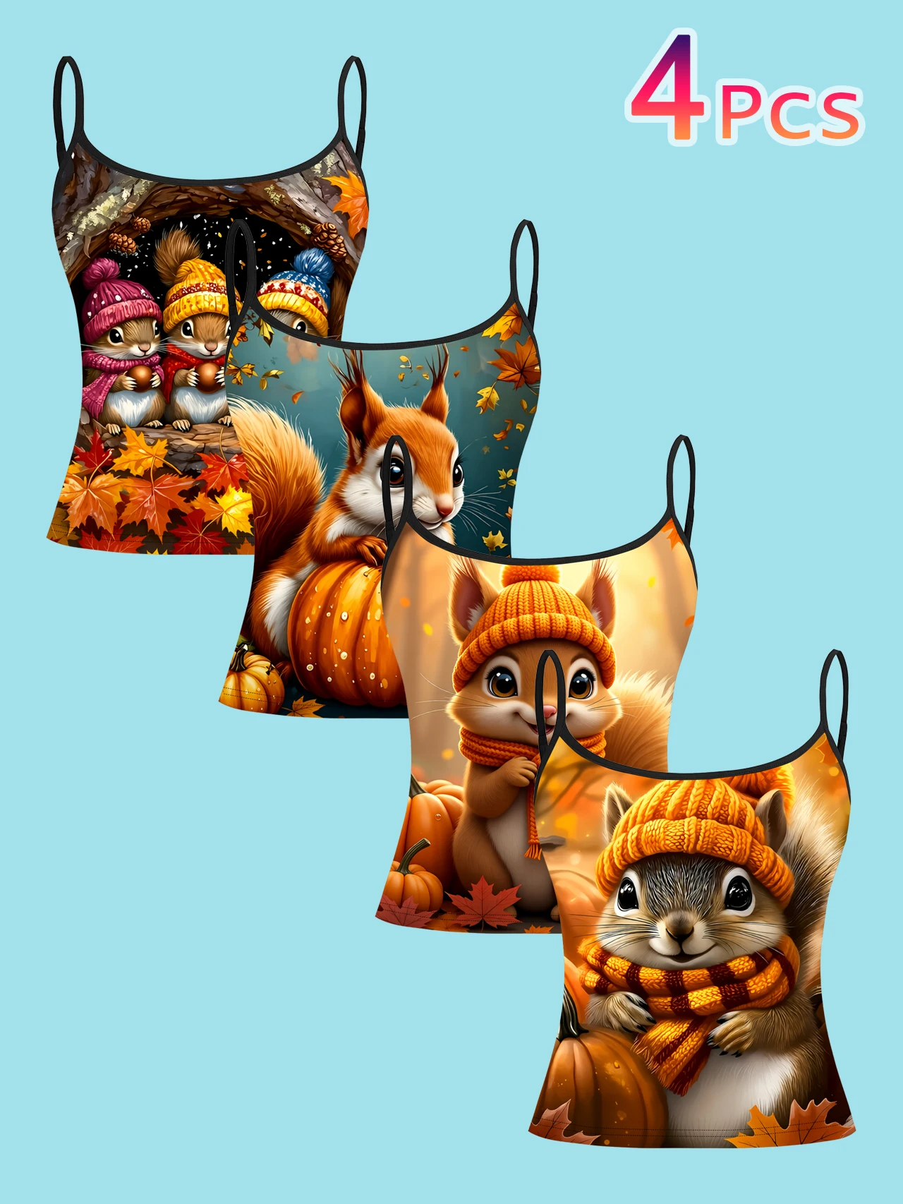 4-Piece Set of Women's Spaghetti Strap Camisoles, Autumn Cartoon Squirrel, Pumpkin, and Maple Leaf All-Over Print Slim-Fit Sleeveless Tops, Cute and Healing Style, Suitable for Outerwear or as a Base Layer