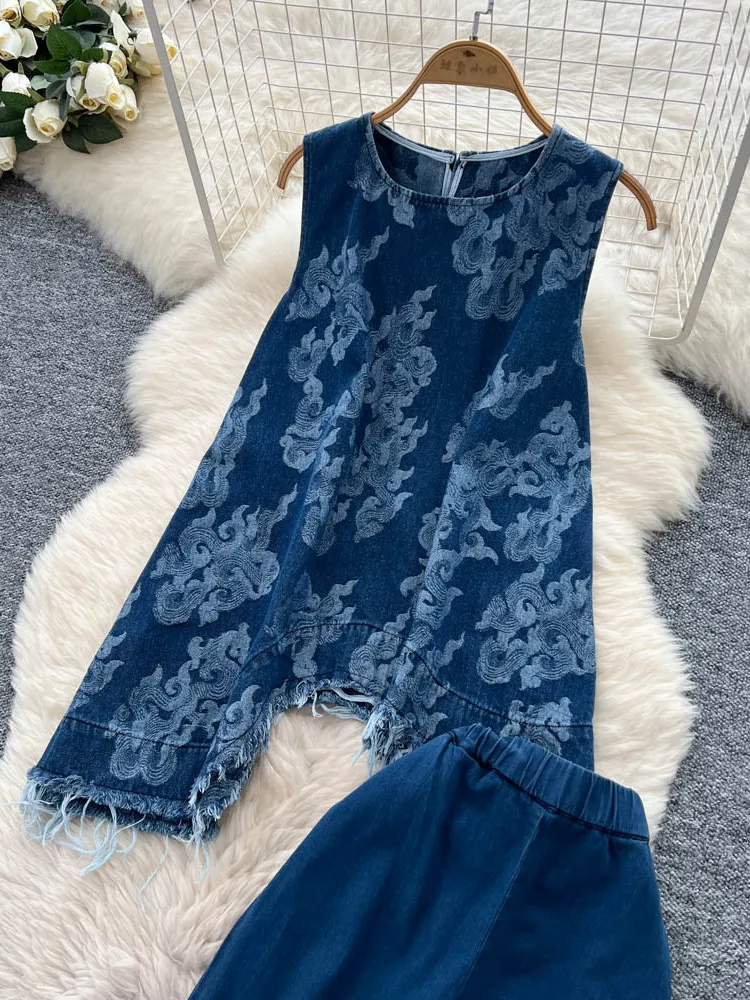

Casual High Waist Wide Leg Pants Sequin Trim Denim Top And Bot Set Asymmetrical Design Lightweight Faionable Women's Ou...