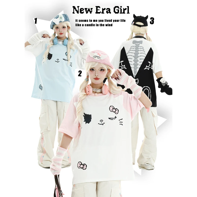 

Y2K women clothing New Loose Cartoon T-shirt Women Subculture Cat Print Short Sleeve Top White Cute Kawaii Sweet Harajuku Tees