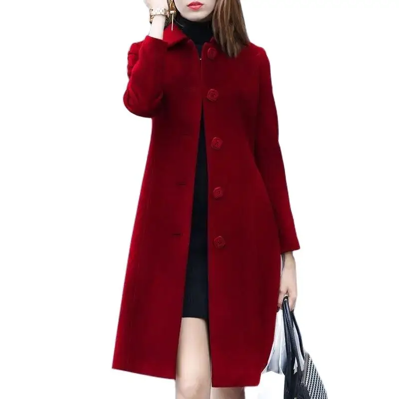 

Fashion Ladies Wool Coat New Autumn Winter Mid-Length Single-Breasted Slim Blended Woolen Overcoat Red Blue Black Women Jacket