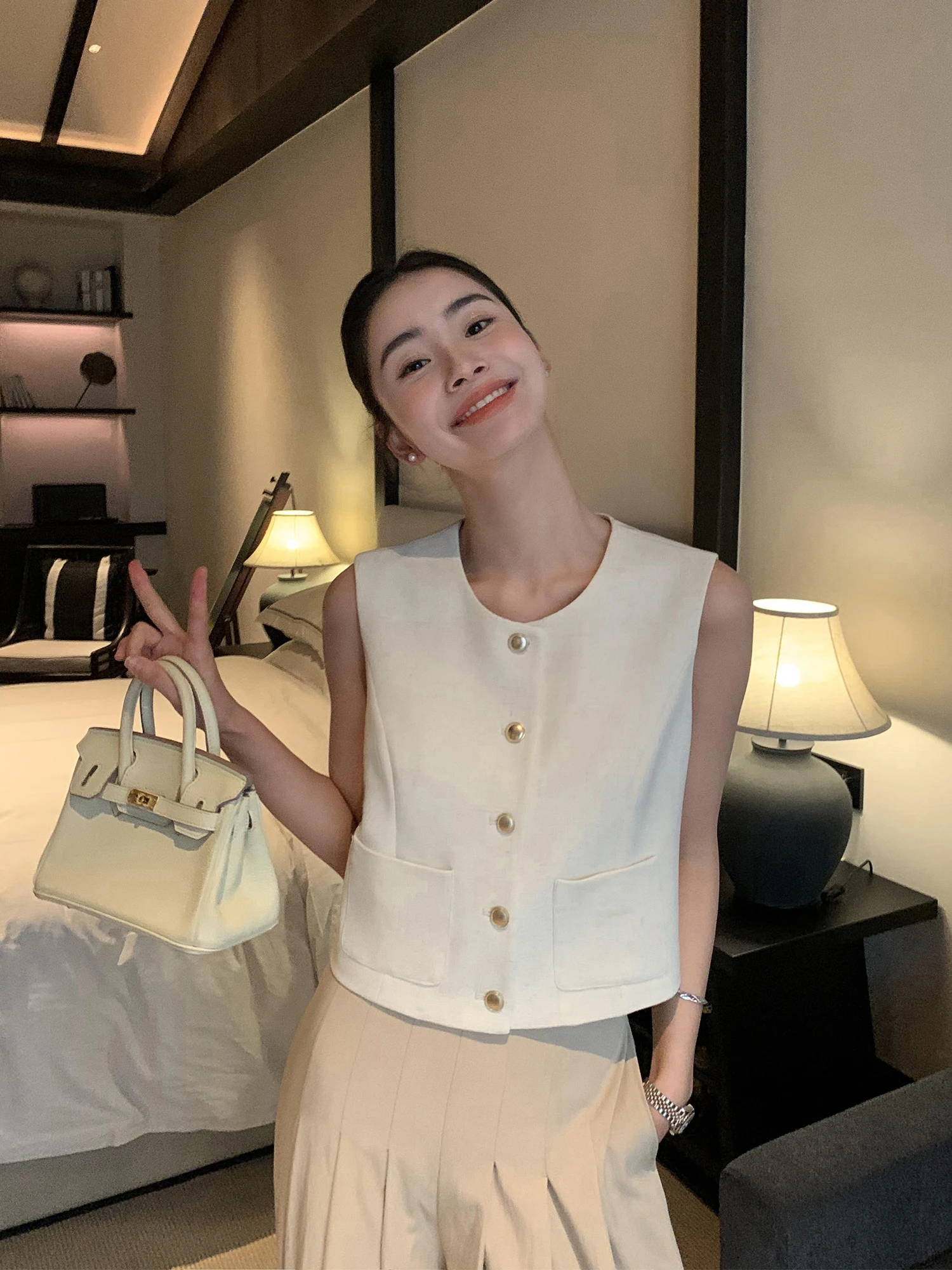 Pusumede Short Style Small Fragrance Wind Suit Vest Women's Summer High-End Feeling Sleeveless Top Commute Style round Neck