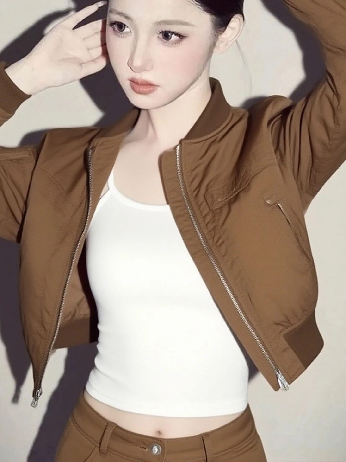 Unique Short Coffee-Colored Women's Jacket Korean Style Stand Collar Zipper Closure Anti-Wrinkle Standard Fit Short Outerwear