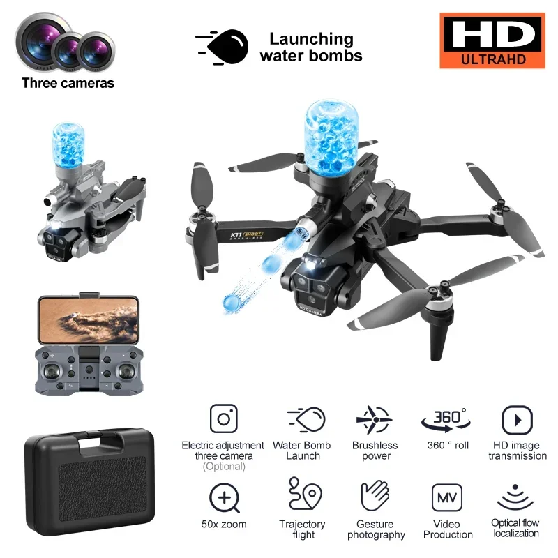 K11 MAX Mini Drone Brushless Aerial Photography Optical Flow Three Camera Four Axis With Water Bomb Remote-Controlled Aircraft