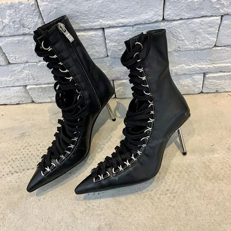 Black Cross Tied Metal Heel Ankle Boots Pointed Toe Shoes for Women Zipper Thin High Heel Catwalk Shoes 2023 Zapatos Para Mujere