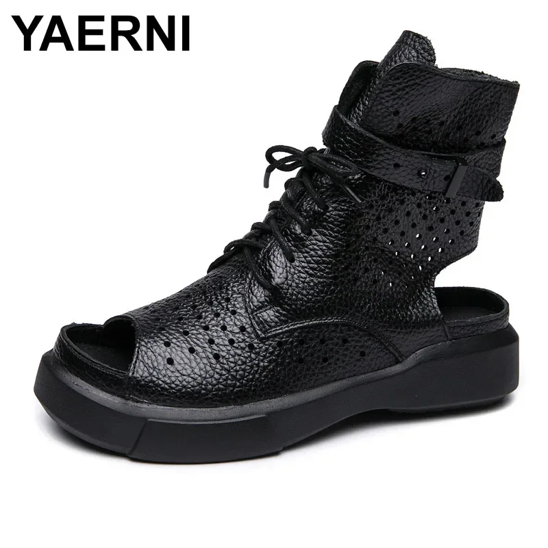 YAERNI Fashion Ladies Sandals scava fuori i sandali gladiatore donna Flats Open Toe stivali estivi in vera pelle