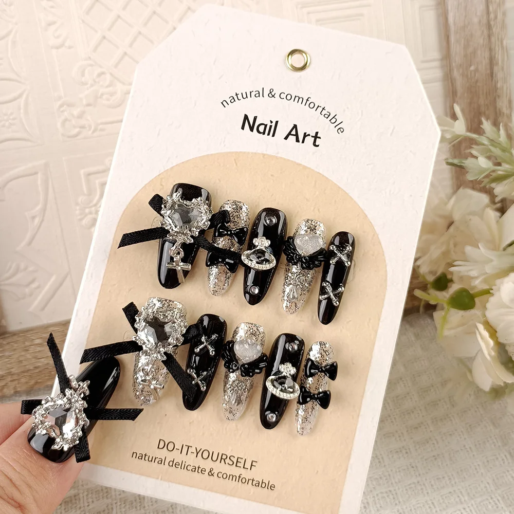 Y2K Heart Bow Press on Nails – 10 punte per unghie in gel lucido fatte a mano, set di unghie indossabili stile Millennium Baddie