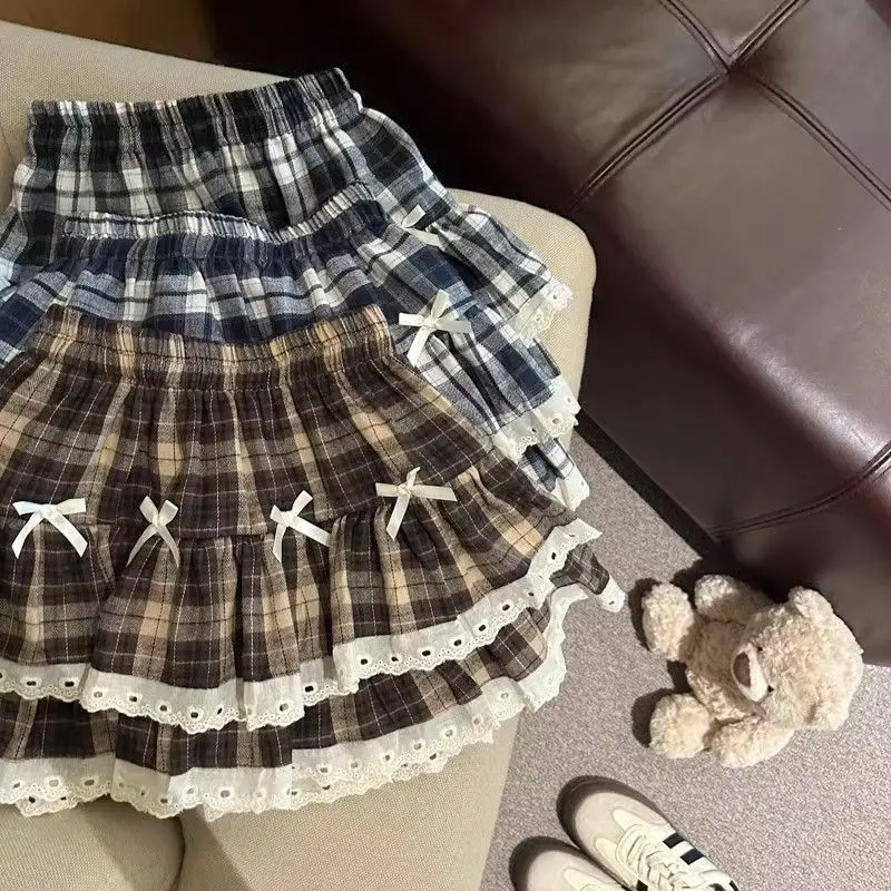 Retro Plaid Lace Skirt Women's High Waist Puffy Hem Cake Skirt Short Skirt Beautiful Reed  Knot Half Skirt