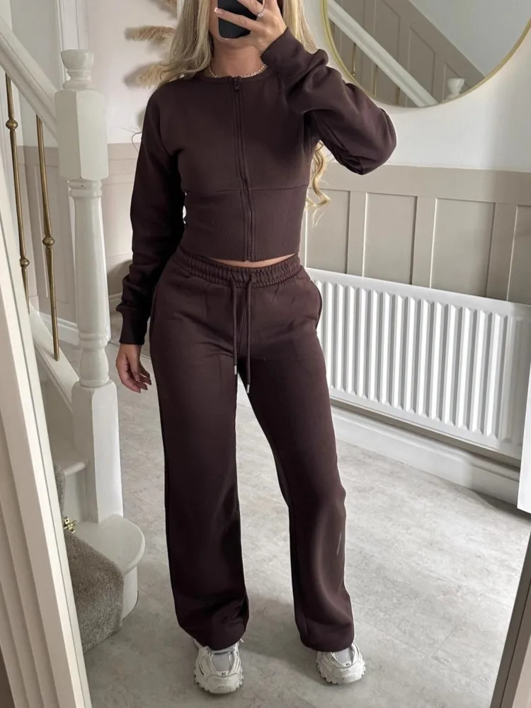 

Осенне-зимний модный повседневный костюм для женщин, простой однотонный кардиган на молнии, топ на шнурке, прямые брюки, комплекты из двух предметов