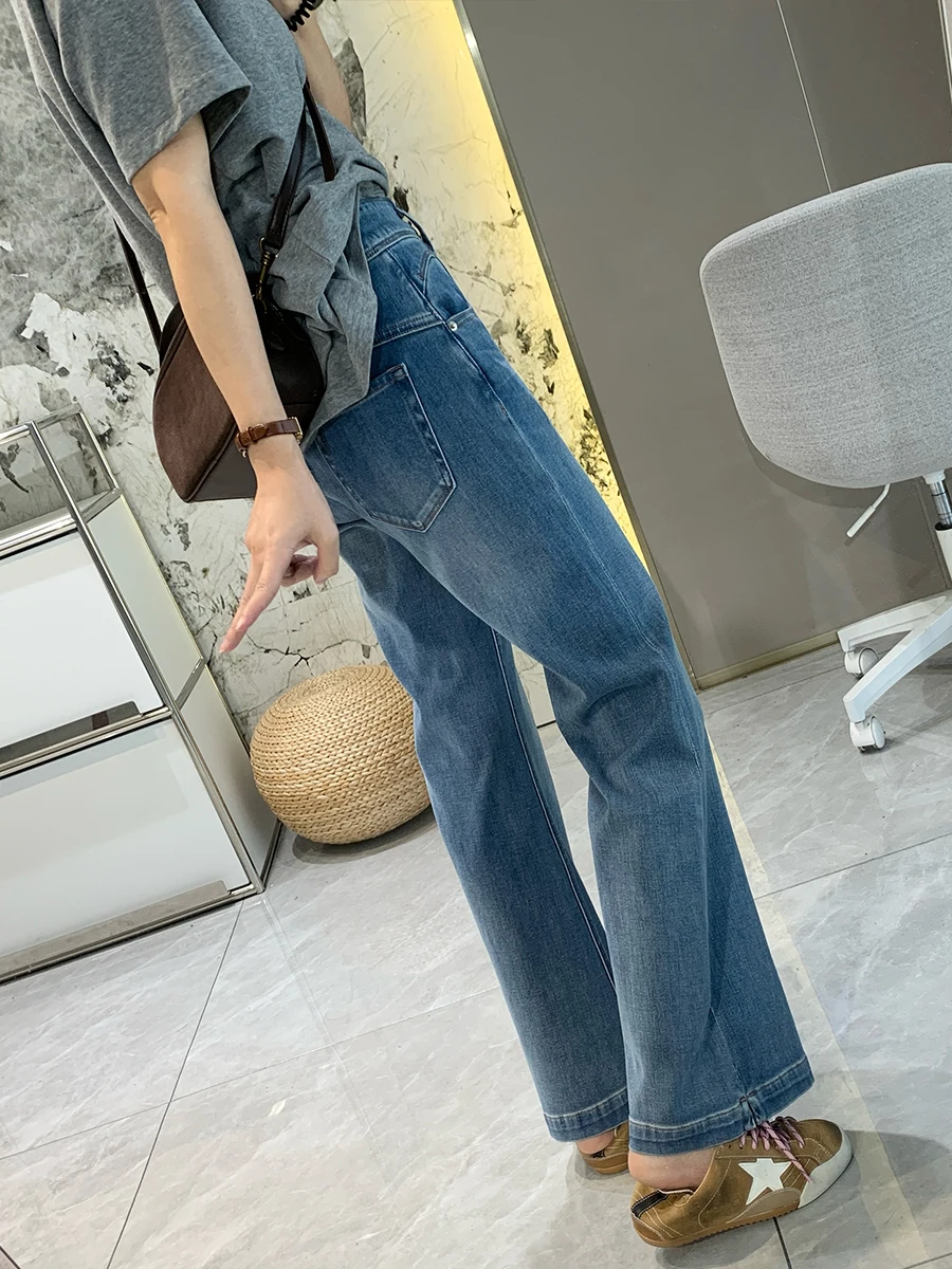 

Женские джинсы-клеш с высокой талией, укороченные, светло-голубые, из эластичного хлопка, весенняя новинка, четырехсторонняя эластичность