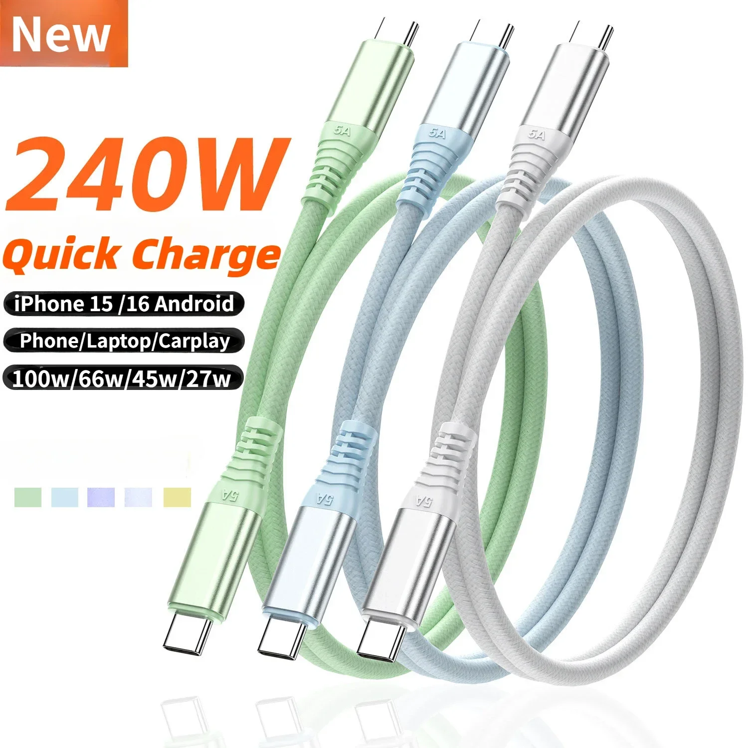 5A USB-C to Type C Color Cable For iPhone 15/16 240W Fast Charging Huawei Xiaomi Samsung Carplay Type C Android Cable 1m 1.5m 2m